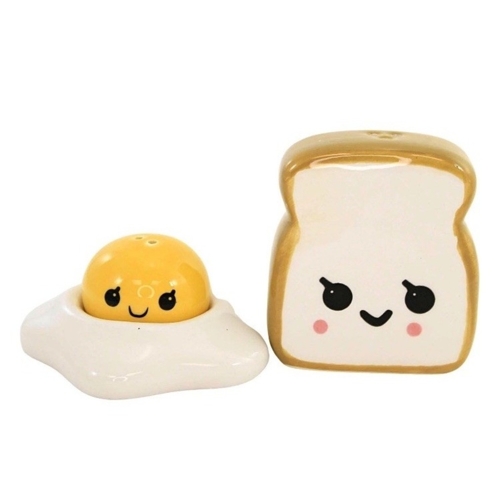 One Hundred 80 Degrees Ceramic Salt & Pepper Set Fried Egg Toast NIB